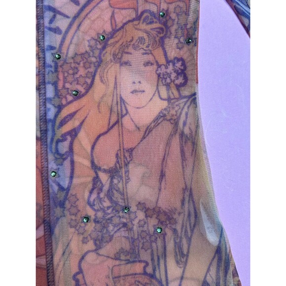 Y2K ALPHONSE MUCHA Art NOUVEAU Print Mesh Long Sleeve Blouse W/Rhinestones. XS-S - Picture 11 of 16
